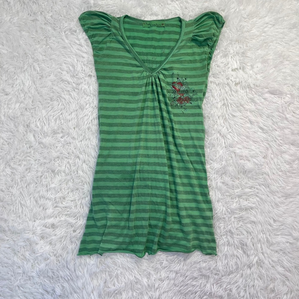 y2k green striped floral rhinestone top/mini dress small